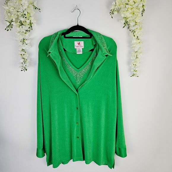 Quacker Factory 2-Piece Set Top Button Cardigan Kelly Green 1X Rhinestone V-Neck - Picture 1 of 12